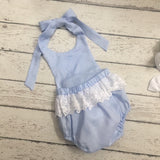 Blue Linen  Girl Romper with lace trimming
