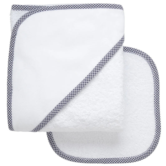 Navy Checkered Trim Hooded Towel & Washcloth Set