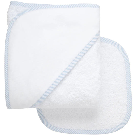 Blue Stripe Trim Hooded Towel & Washcloth Set