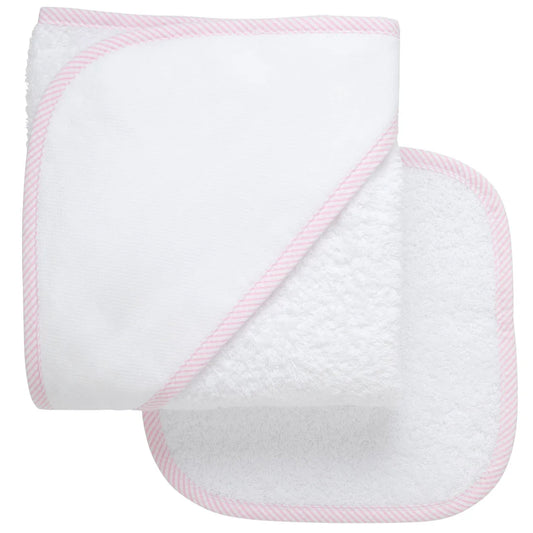 Pink Stripe Trim Hooded Towel & Washcloth Set