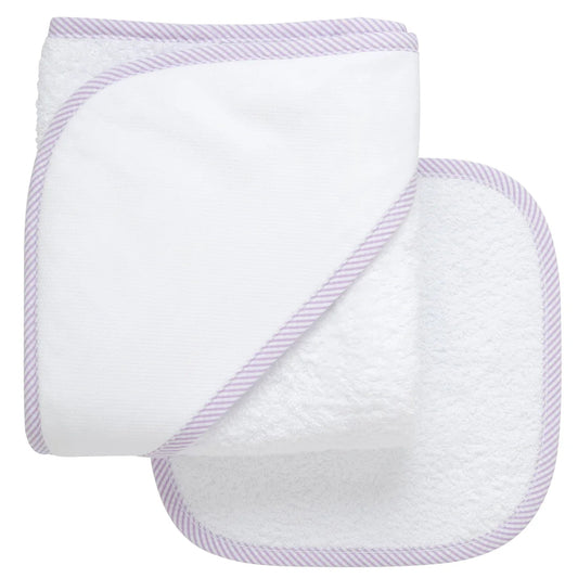 Lilac Stripe Trim Hooded Towel & Washcloth Set