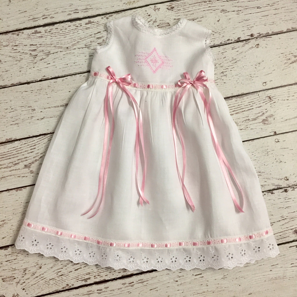 White Linen Dress With Pink Details & Embroidery Design