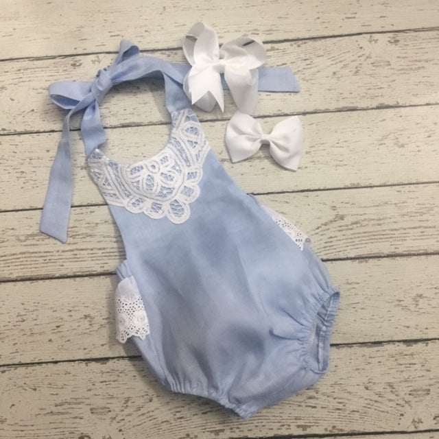 Blue Linen  Girl Romper with lace trimming